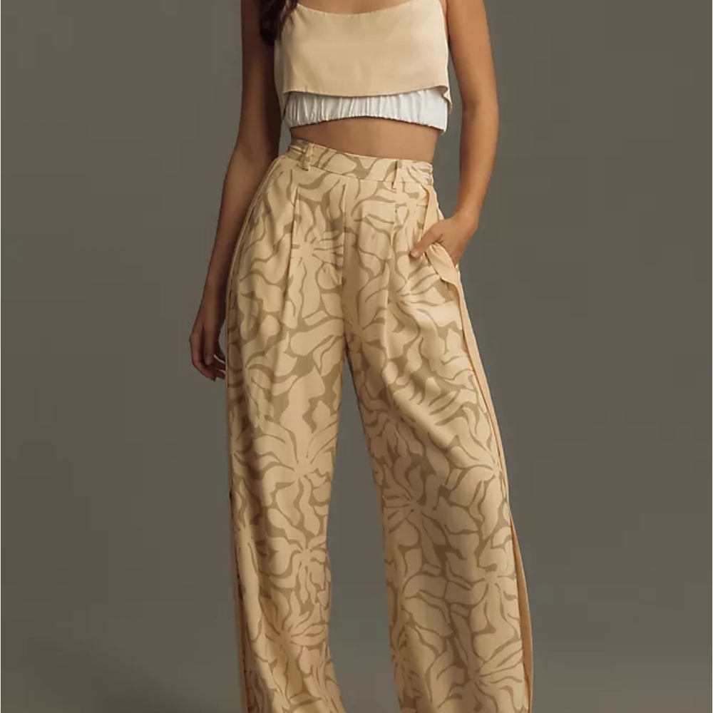 Mon‎ Renn Sage And Cream Floral Patterned Women's Wide Leg Trousers Size XL